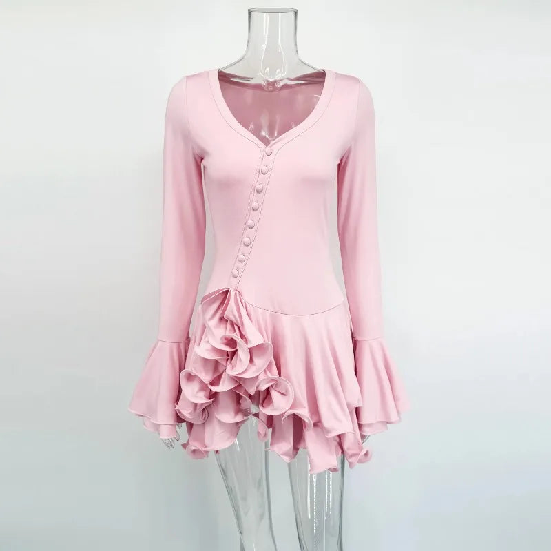 Elegant V-Neck Button Patchwork Mini Dress