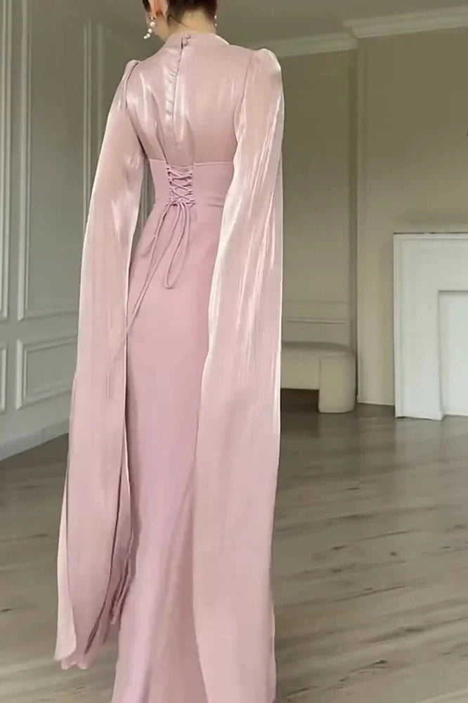 Elegant O-Neck Split Sleeve Slim Pleated High Waist Maxi Dress