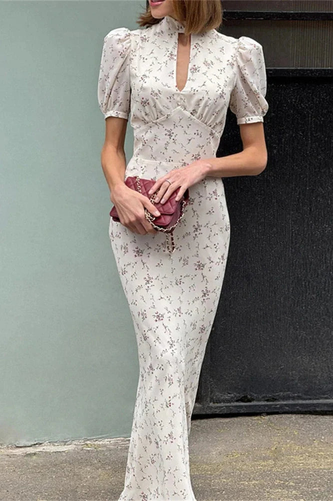 Printed V-Neck Short Sleeve High Waist Maxi Dress