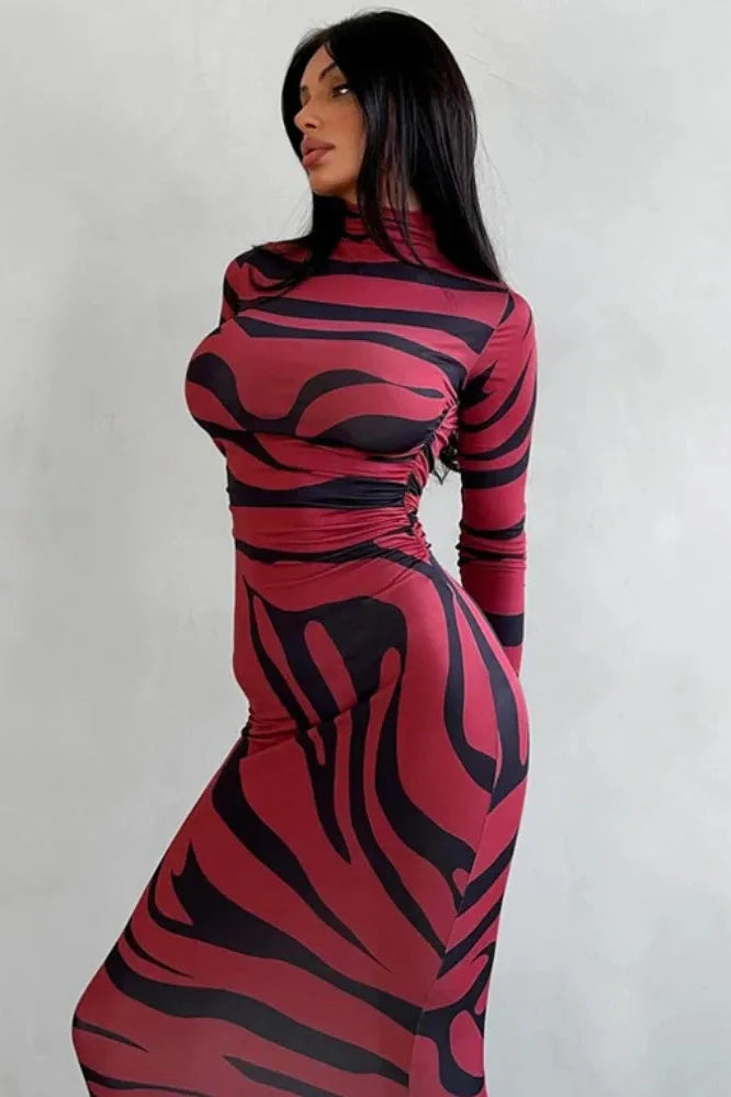 Printed Long Sleeve High Waist Maxi Dress