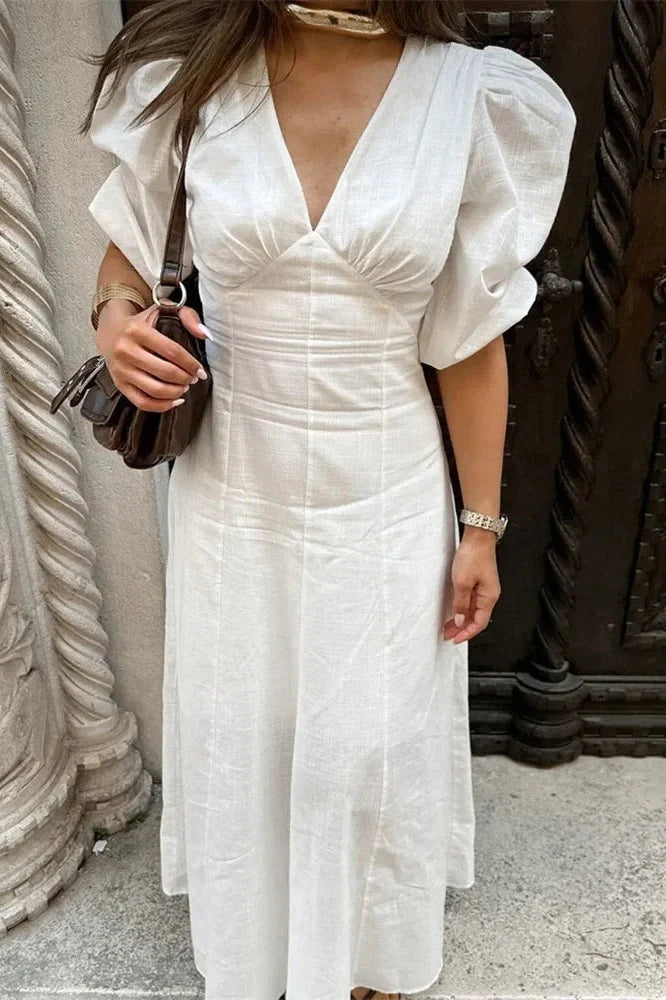 Backless Short Sleeve Slim V-Neck High Waist Midi Dress