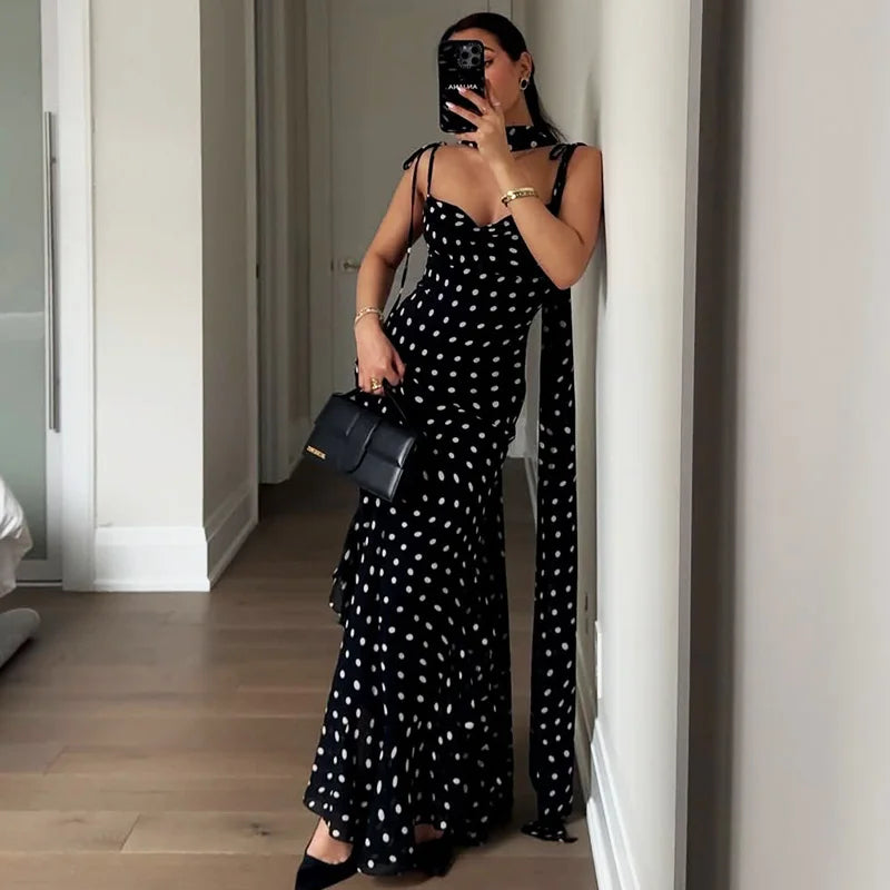 Elegant Polka Dot Scarf Ribbon Pleated Maxi Dress