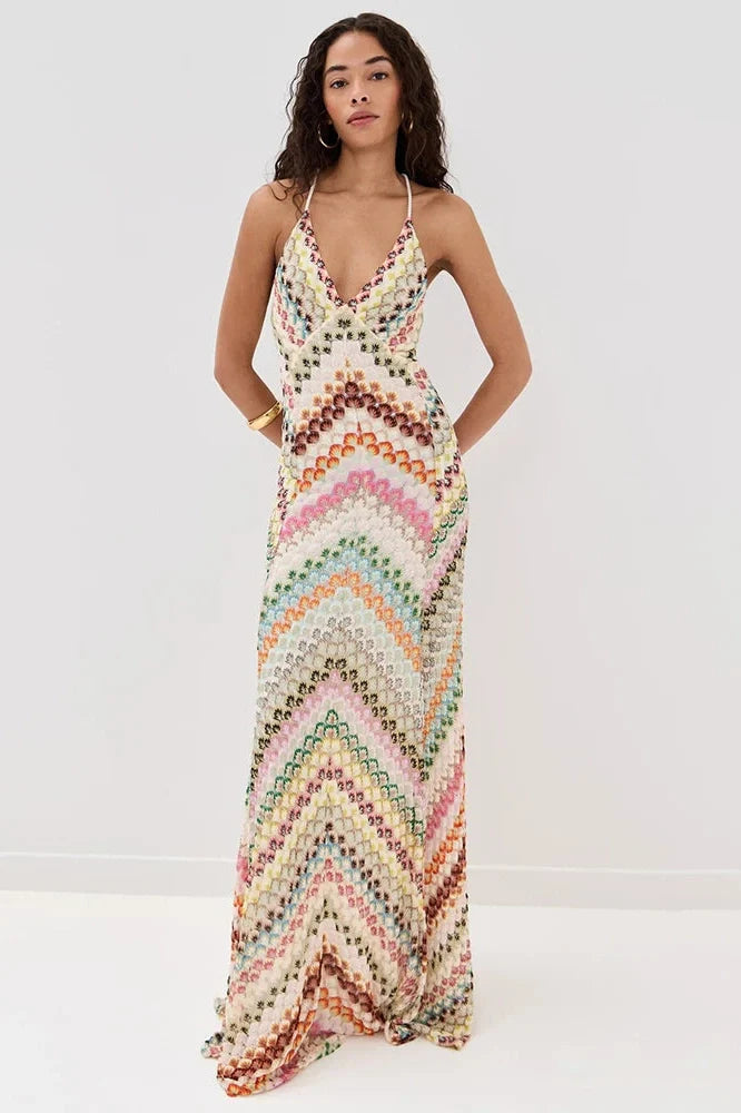 Backless Knit Spaghetti Strap Sleeveless High Waist Maxi Dress