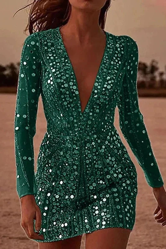 Deep V Neck Slim Long Sleeved A-Line High Waist Mini Dress