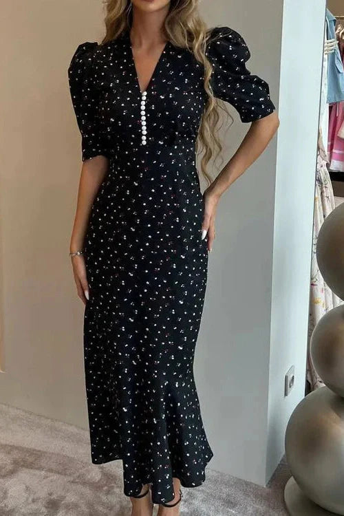 Printed High Waist V-Neck Short Sleeve Slim Maxi Dress