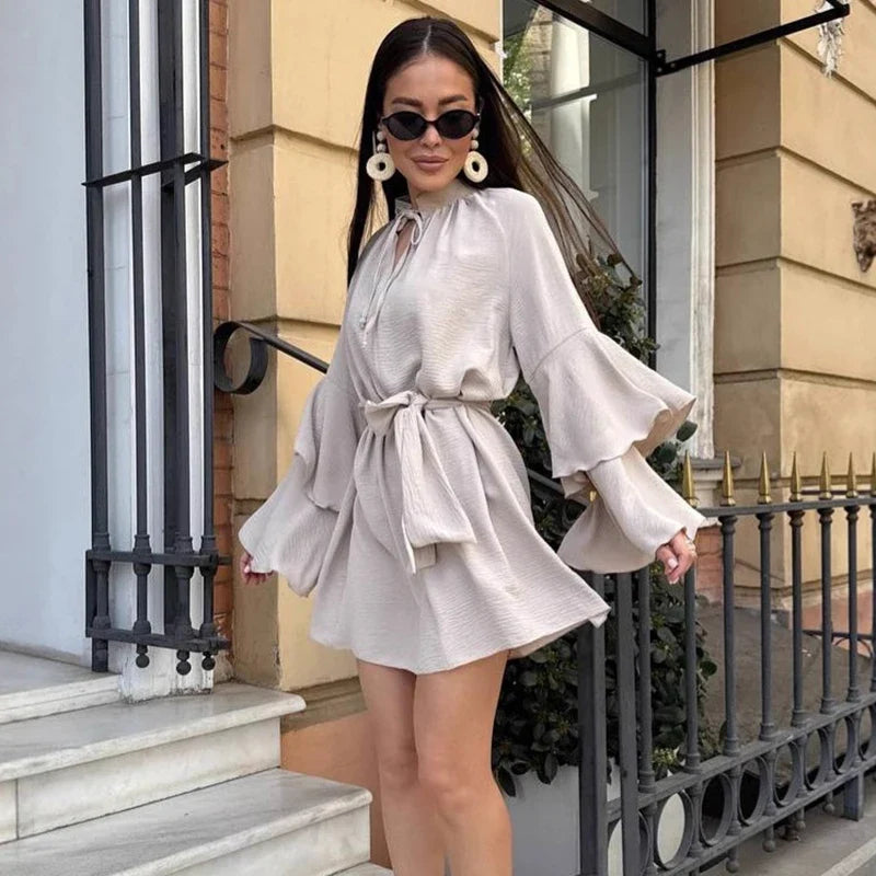 Elegant V-Neck Lace Up Pleated Mini Dress
