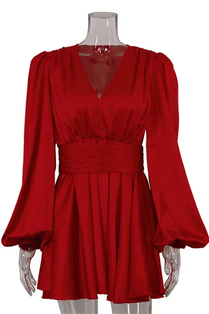V-Neck High Waist Slim Lace-Up Mini Dress