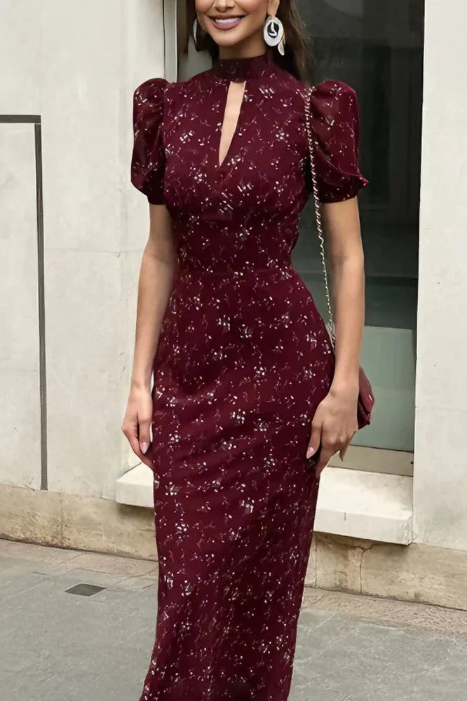 Printed V-Neck Short Sleeve High Waist Maxi Dress