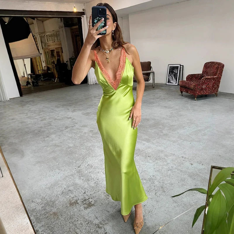 Lace Spaghetti Strap Deep V Neck Bodycon Maxi Dress
