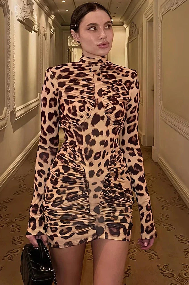 Printed Turtleneck Backless Long Sleeve Bodycon Mini Dress