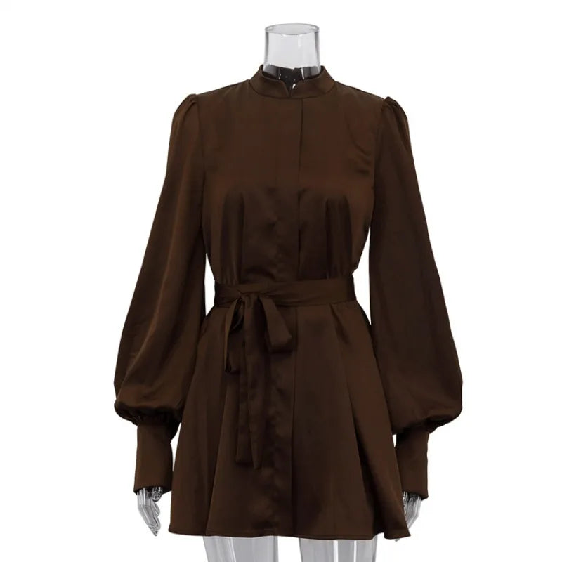 Elegant Lace Up Half High Neck High Waist Mini Dress