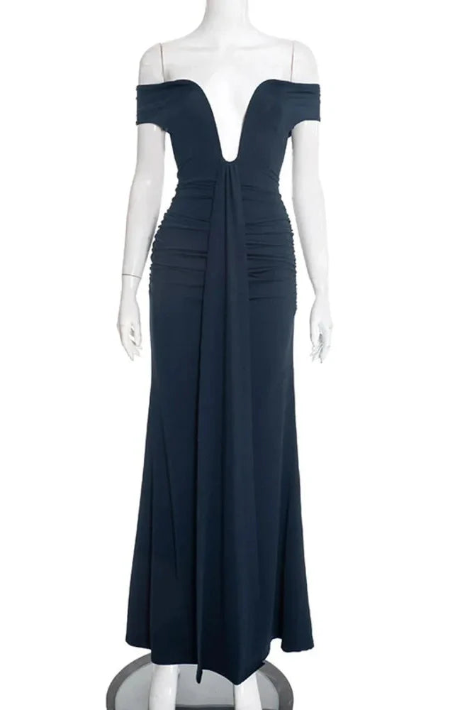 Off-Shoulder Strapless Deep V Neck Sleeveless Bodycon Maxi Dress