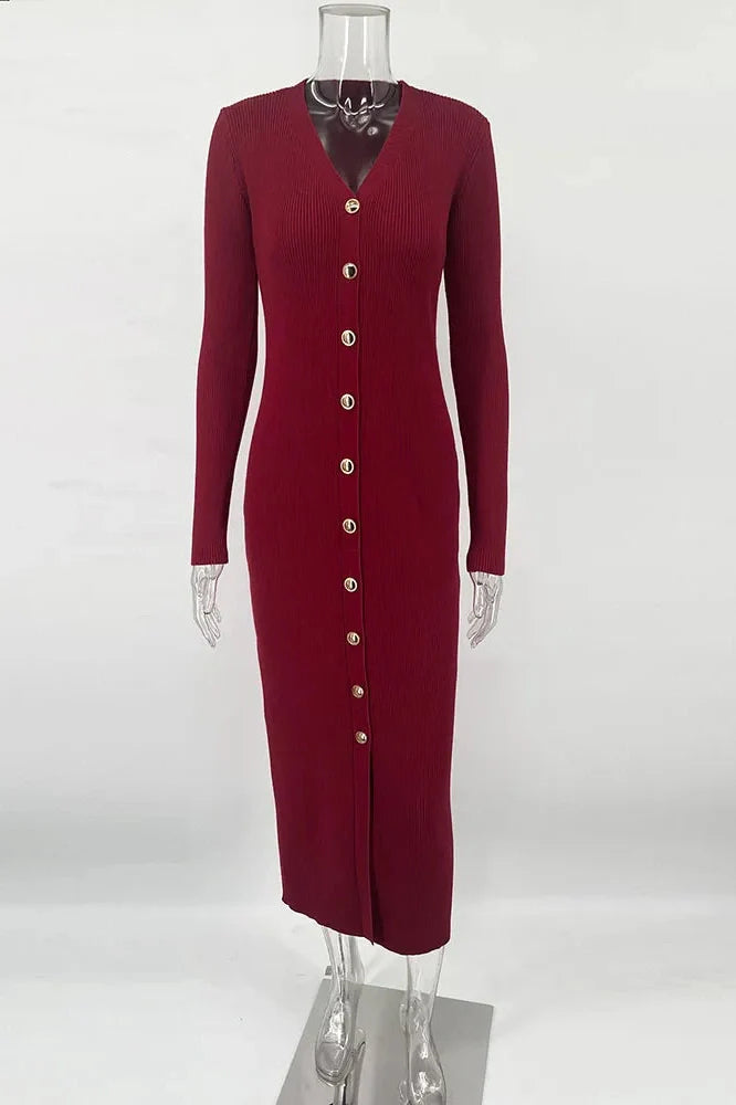 Elegant Long Sleeve Knitted Slim Midi Dress