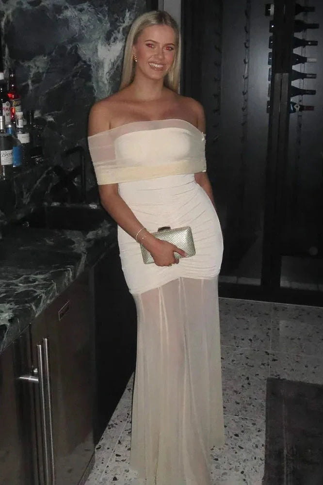Strapless Pleated Two-Piece Backless See-Through Slim Maxi Dress