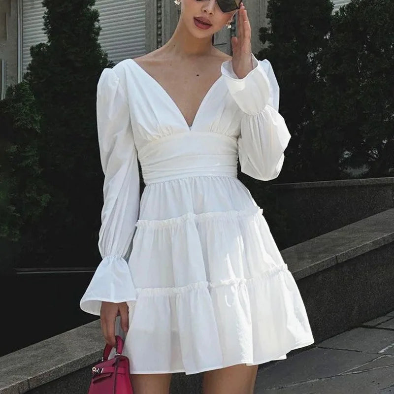 V Neck Lace Up High Waist A-Line Long Sleeve Mini Dress