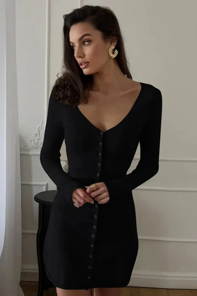 V Neck Long Sleeve Single-Breasted High Waist Mini Dress