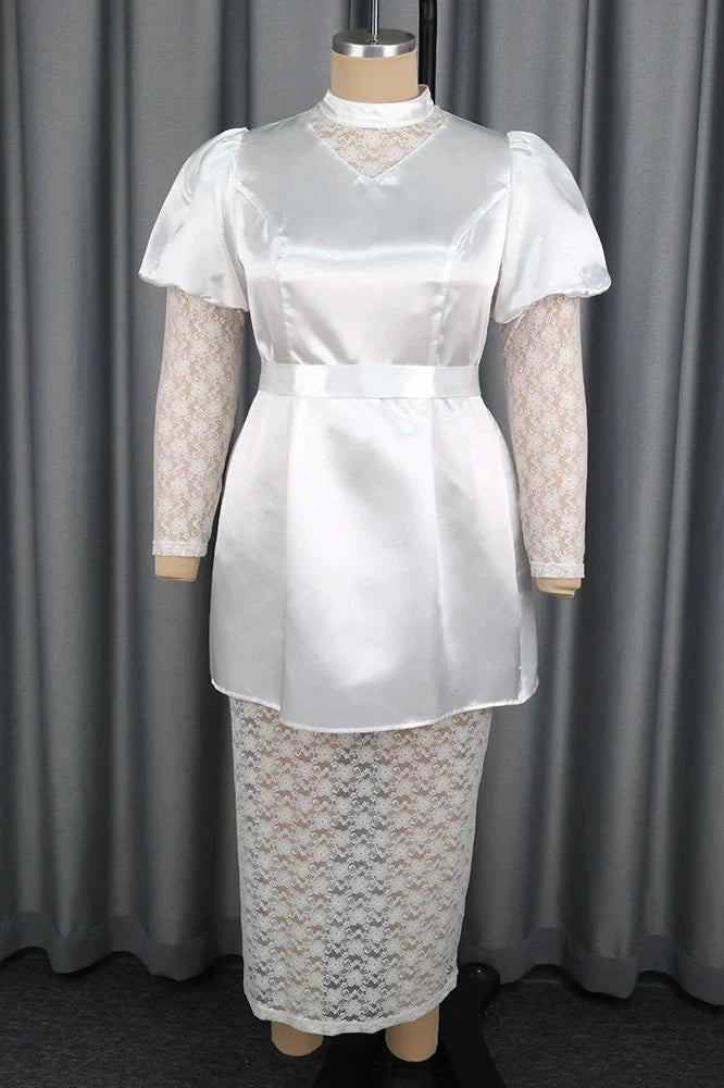 Elegant High Waist High Collar Puff Sleeve Lace Midi Dress