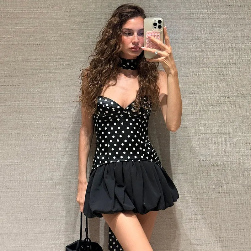 Strapless Polka Dot Patchwork Scarf Ribbon Mini Dress