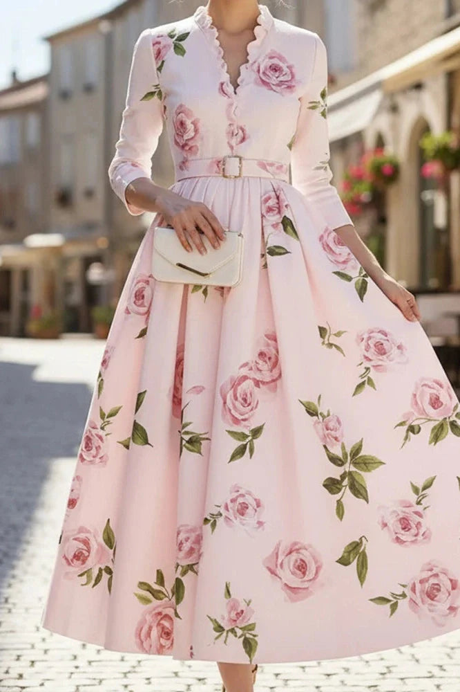 Elegant High Waist A-Line V-Neck Printed Long Sleeve Pleated Midi Dress