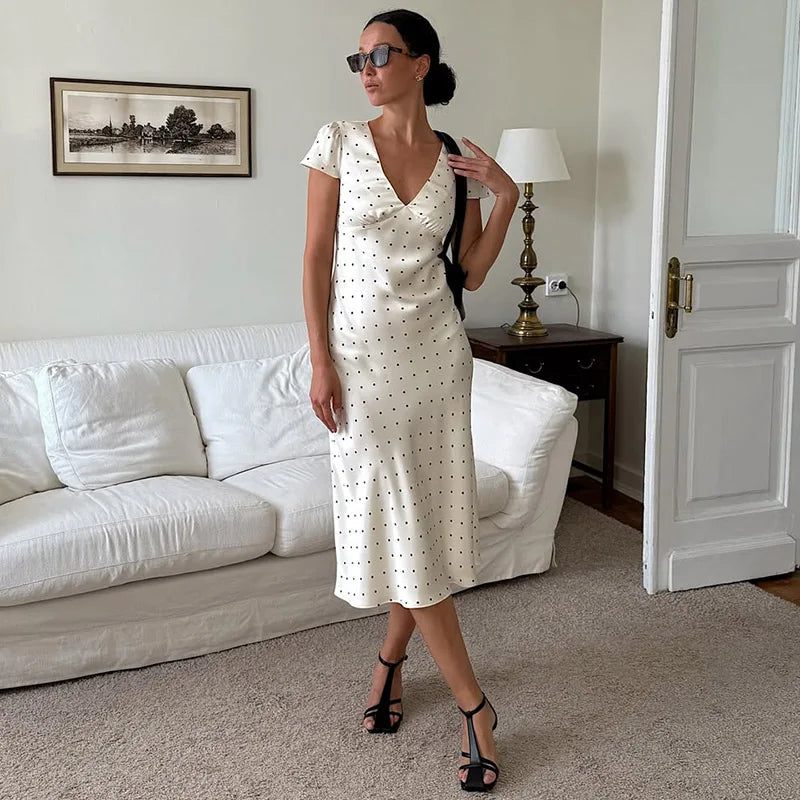 Printed Short Sleeve V Neck High Waist Midi Dress