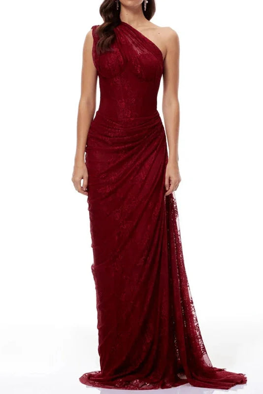 Lace Embroidery Slim High Waist Slash Collar Maxi Dress