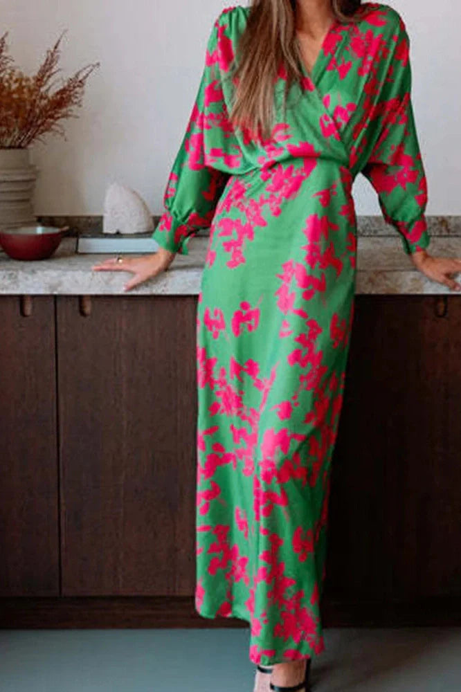 Elegant Long Sleeve High Waist Printed V-Neck Maxi Dress