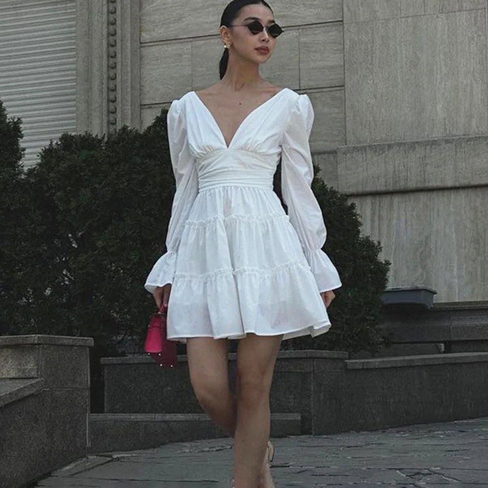 V Neck Lace Up High Waist A-Line Long Sleeve Mini Dress