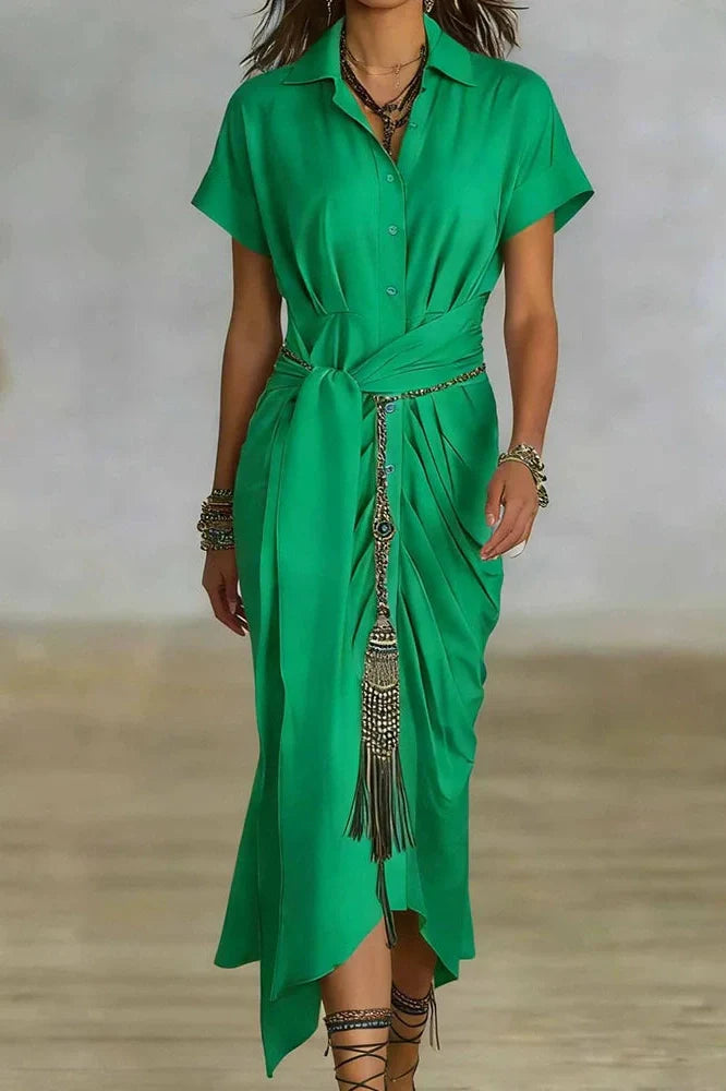 Elegant Pleated Lace Up Short Sleeve Midi Dress