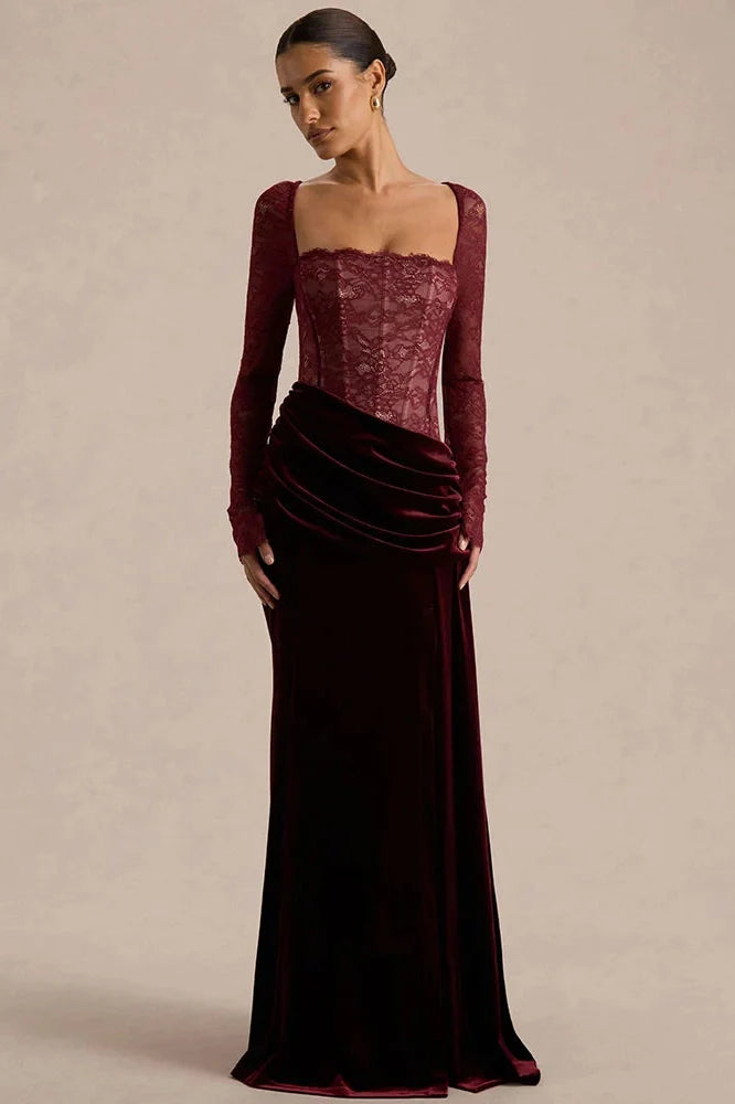 Lace Velvet Square-Neck See Through Long Sleeve Split Maxi Dress
