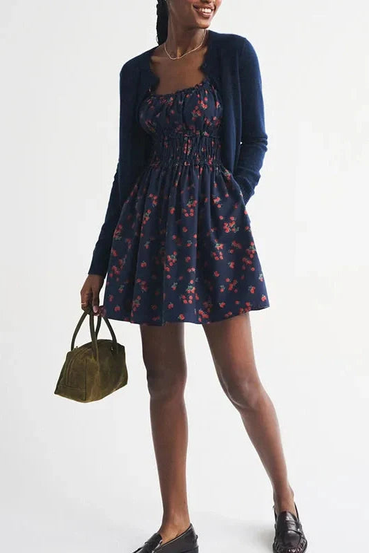 Hollow Out Sleeveless Slim Pleated Printed Mini Dress