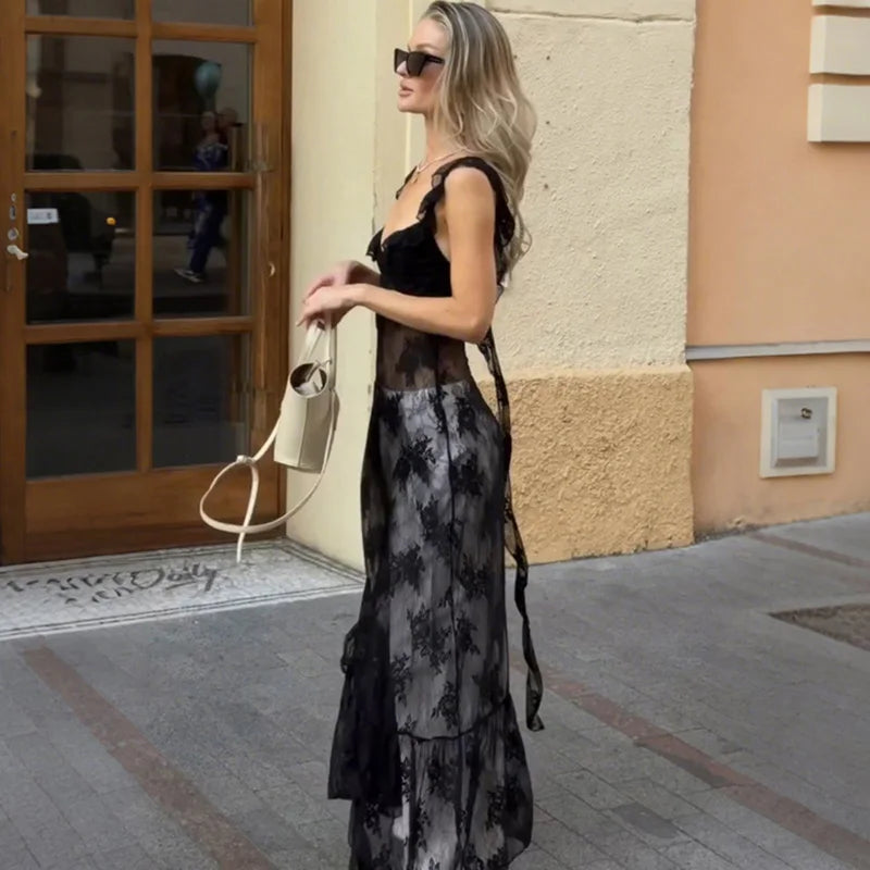 See Through Patchwork Split Backless Maxi Dress