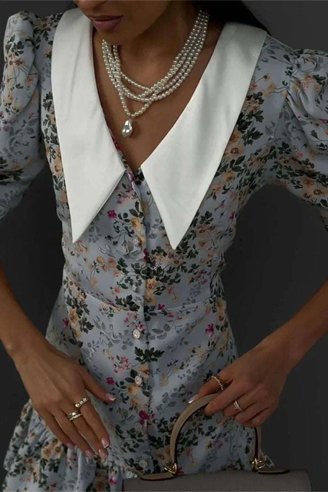 Printed V-Neck Short Sleeve Slim High Waist Mini Dress