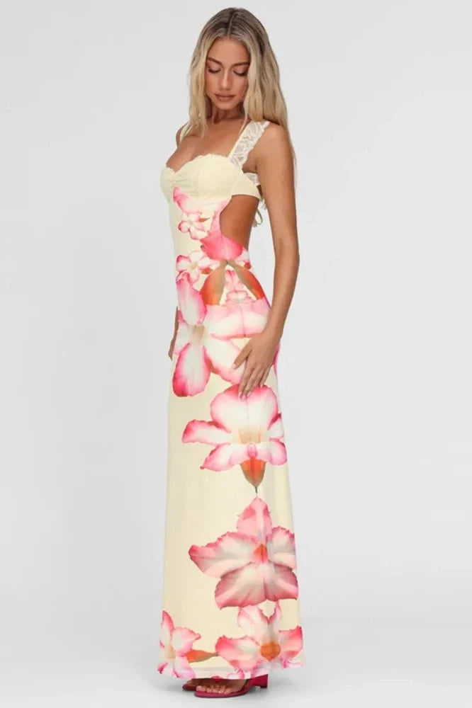 Lace Printed Square Collar Sleeveless Lace-Up Bodycon Maxi Dress