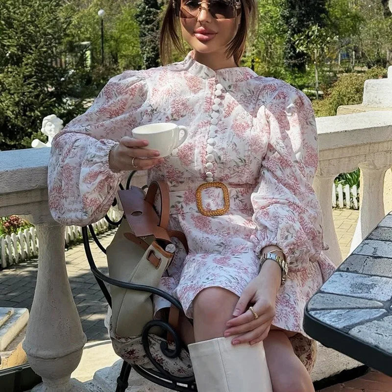 Stand Collar Printed Long Sleeve Single-Breasted Mini Dress