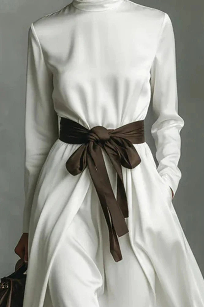 Elegant Lace Up Pleated Turtleneck Long Sleeve Maxi Dress