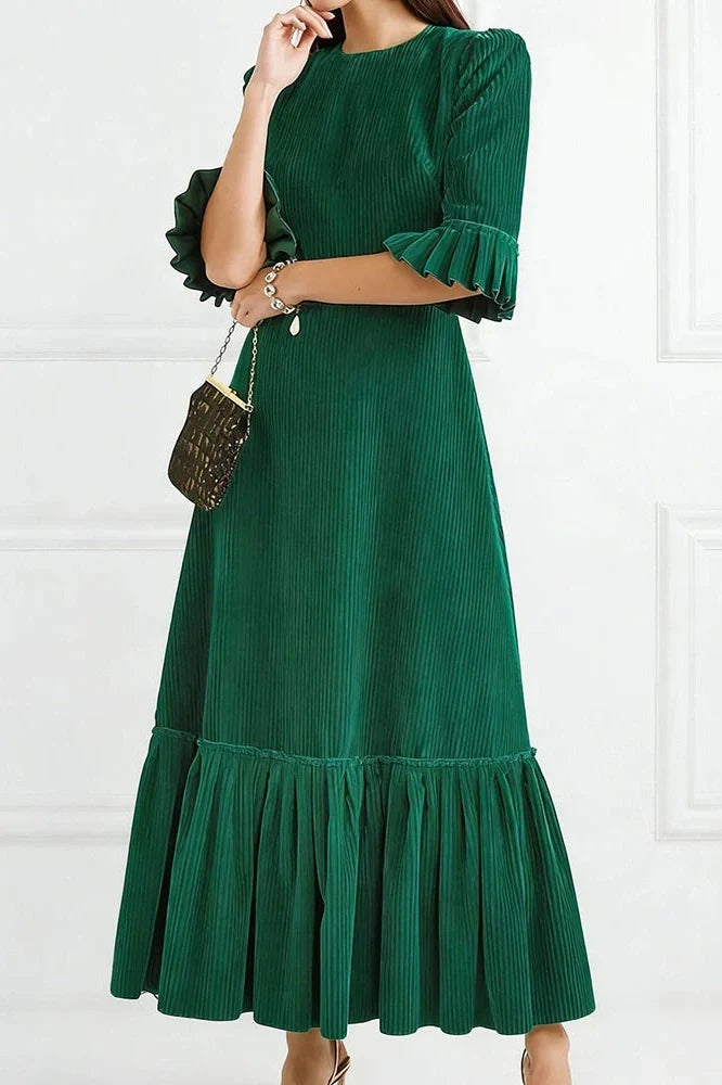 Elegant Half Sleeve Pleated High Waist Slim Maxi Dress