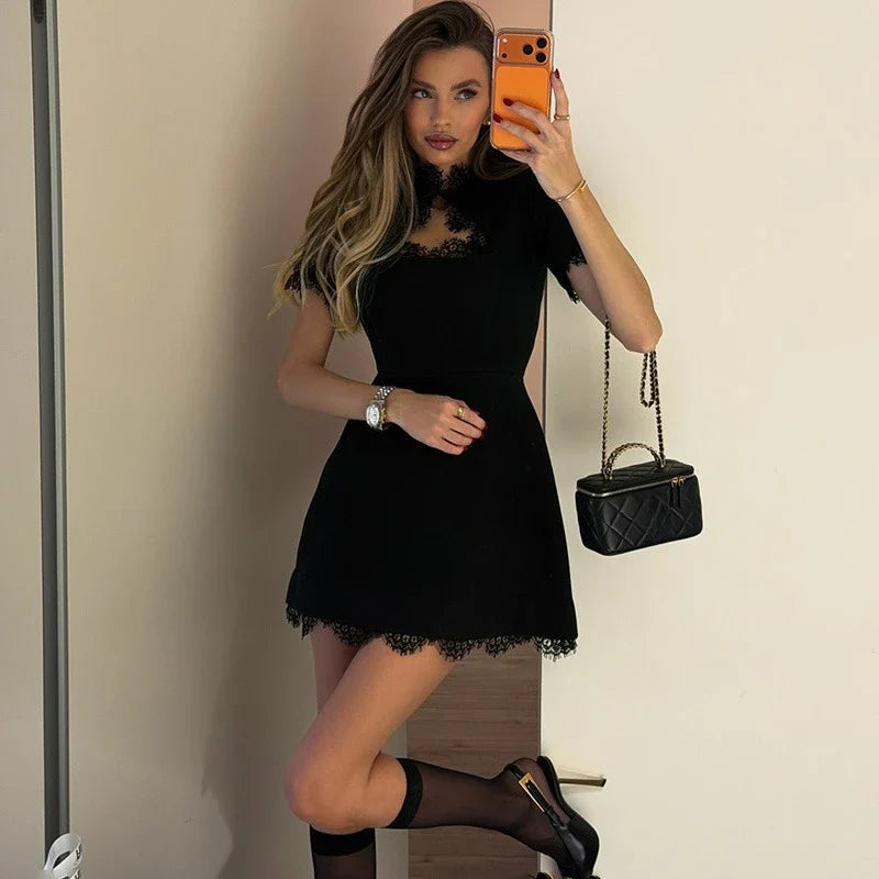 Lace Patchwork Hollow Out High Waist Mini Dress