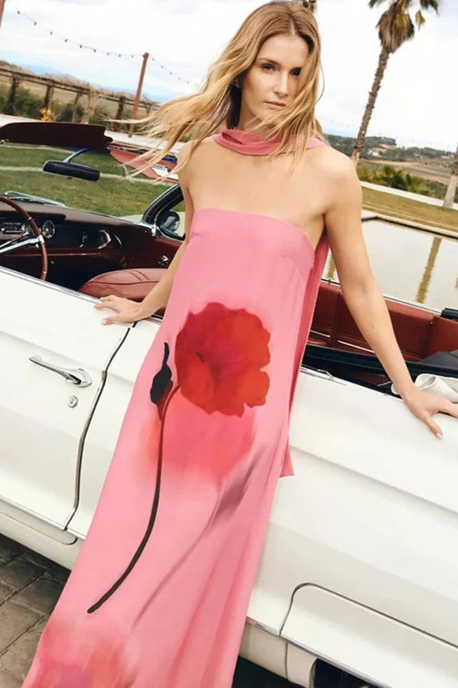 Printed Scarf Collar Off-Shoulder Sleeveless Backless Maxi Dress