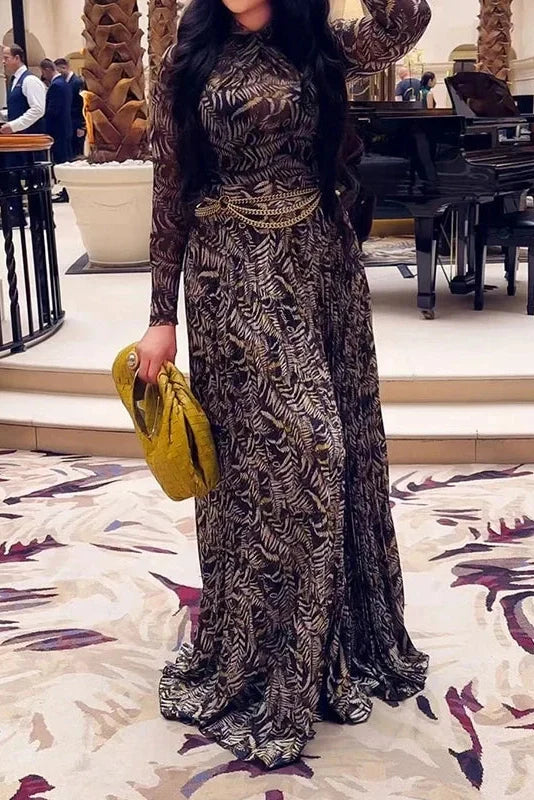 Long Sleeve Printed Slim Pleated High Waist Maxi Dress