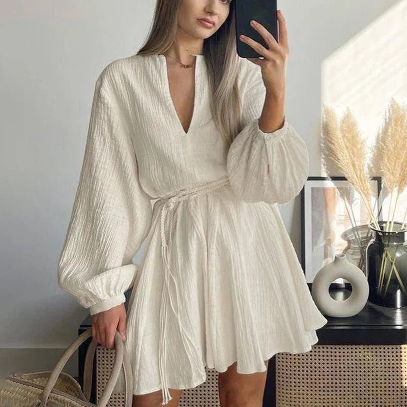 Long Sleeve V Neck Lace Up A-Line Mini Dress