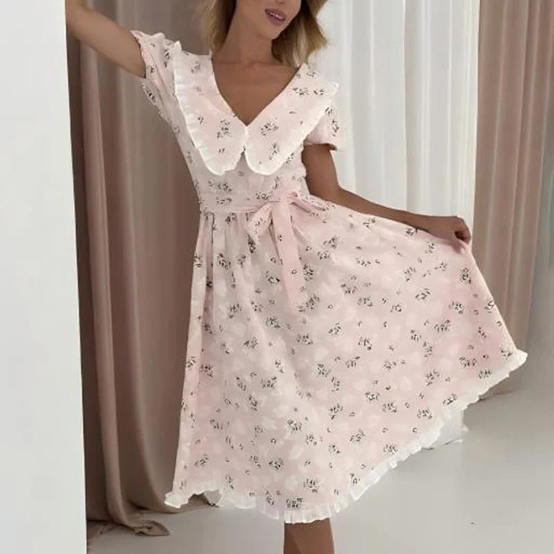Printed Short Sleeve Lace-Up Midi Dress