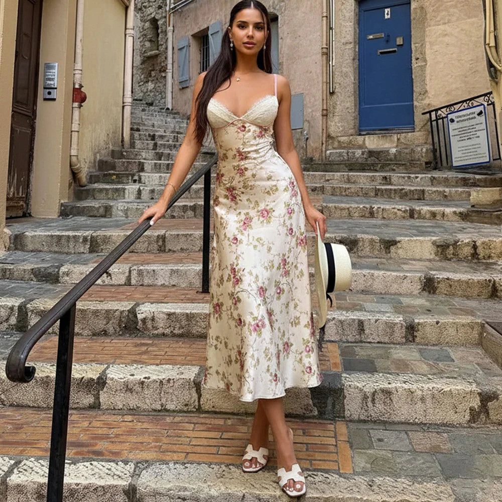 Elegant Print Patchwork Backless Midi Dress