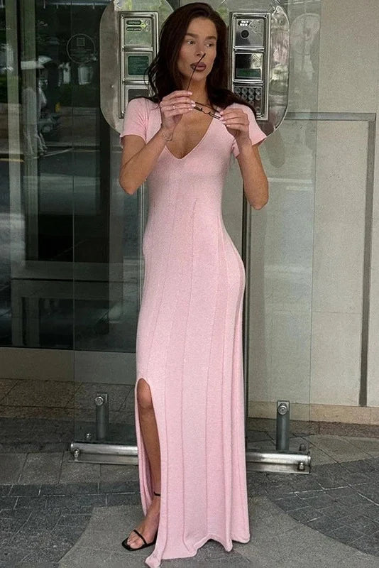 Short-Sleeved Knitted V-Neck Slit Slim Maxi Dress