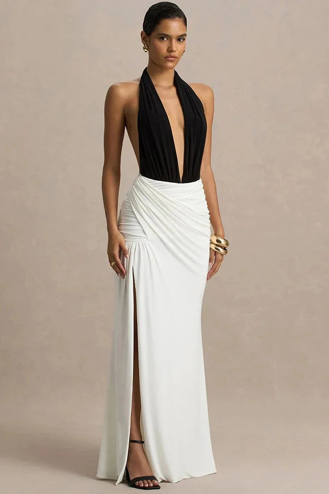 Backless Patchwork Deep V Neck Sleeveless High Waist Split Maxi Dress