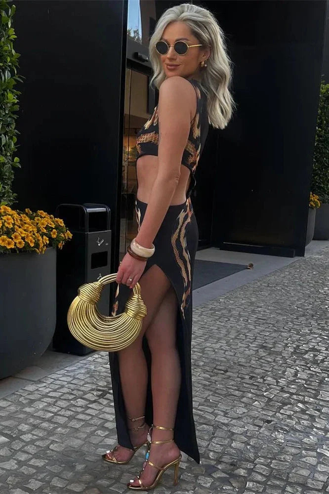 Hollow Out Printed Slim Split Sleeveless Maxi Dress