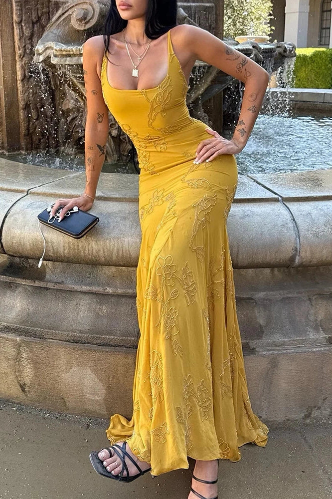 Spaghetti Strap Backless Sleeveless Lace-Up Bodycon Maxi Dress