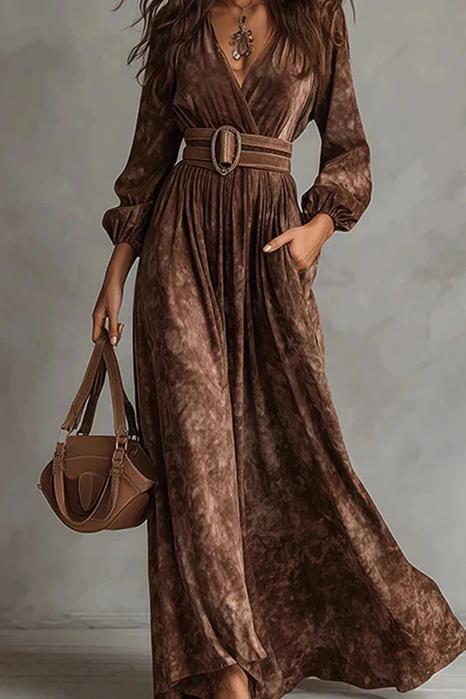 Elegant High Waist Long Sleeve Pleated V-Neck Maxi Dress