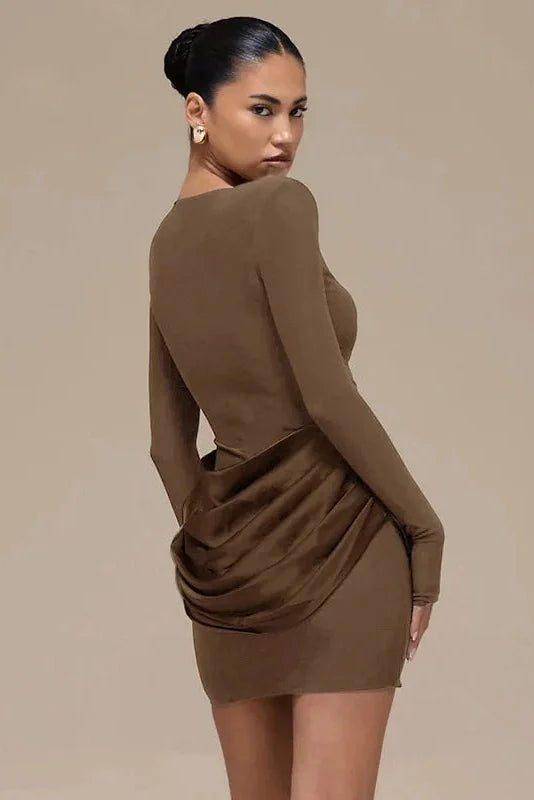 Elegant Pleated Slim Round Neck Long Sleeve Mini Dress