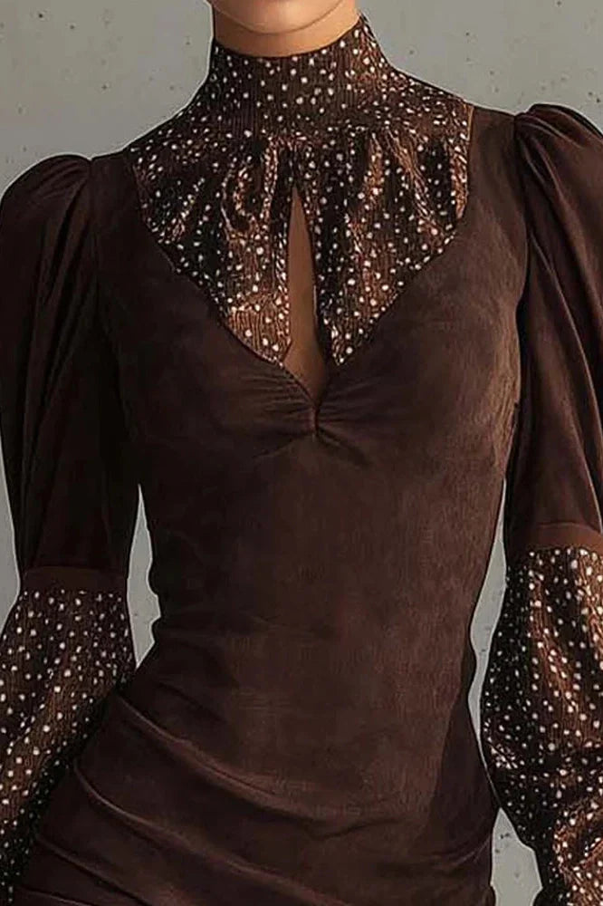 Elegant Hollow Out Long Sleeve High Collar Printed Mini Dress