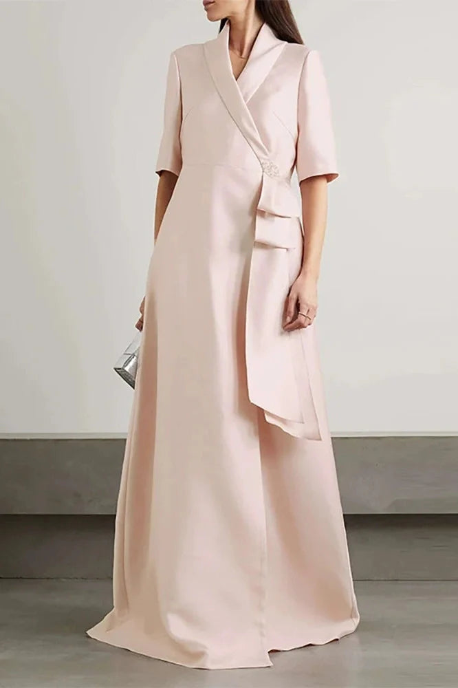 V-Neck High Waist A-Line Half Sleeve Maxi Dress